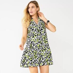 Nine West Women's Button Front Ruffle Hem Dress XXL Sleeveless Black Yellow